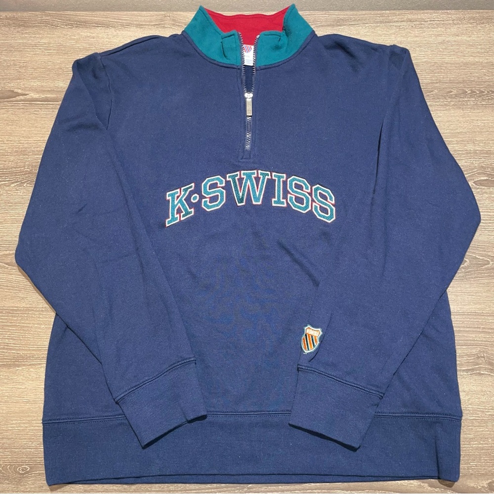 VINTAGE K-SWISS Blue 1/4 Zip Green Embroidered Long Sleeve Sweater Size Large